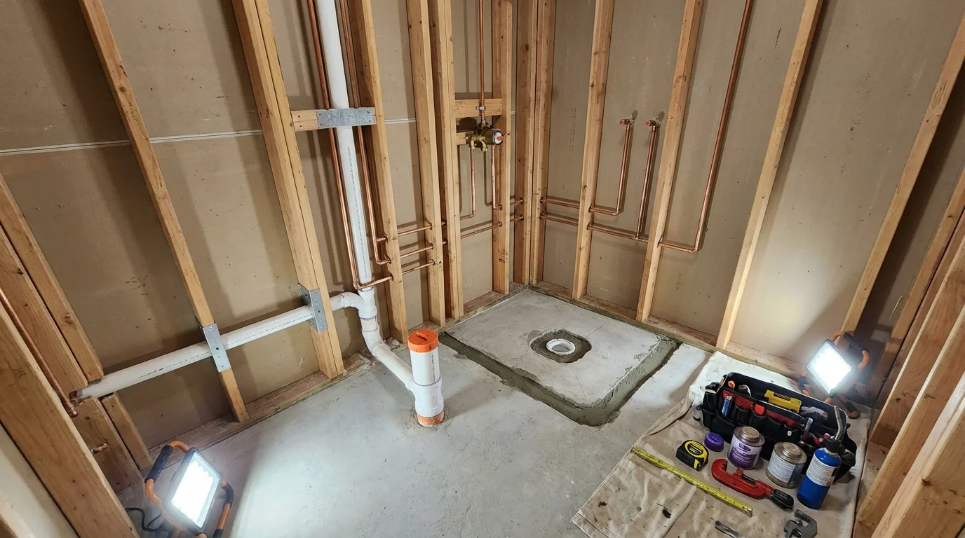 Bathroom rough-in plumbing during remodel by Johns Plumbing LLC in Hamden